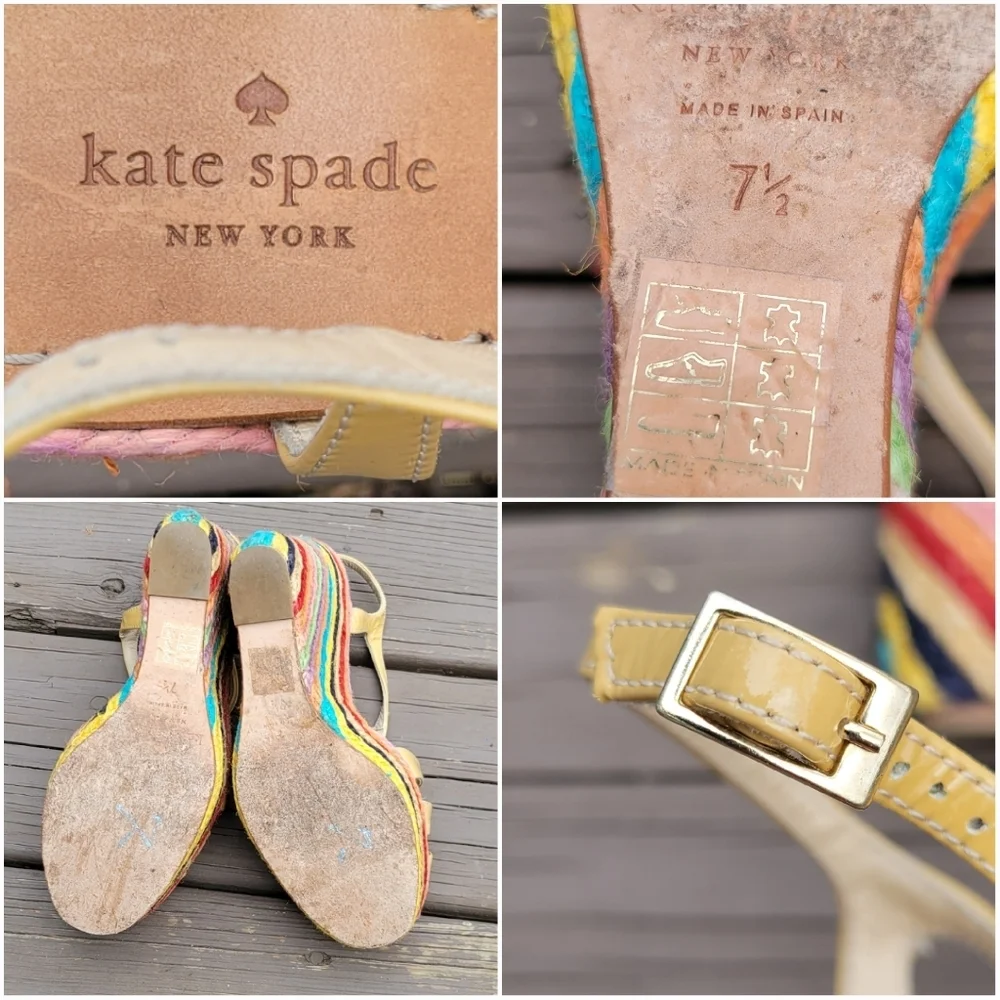 Kate Spade Lindsey Nude Leather‎ Strappy Rainbow Espadrille Platform Sandals 7.5